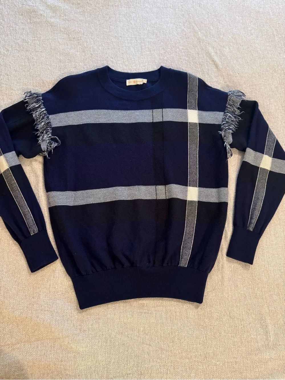 Tory Burch Gwen Wool Navy Plaid Fringe Sweater Medium
